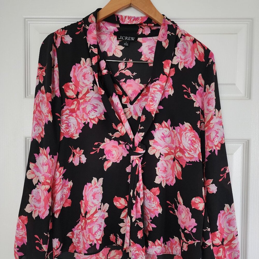 J.Crew-Pullover Blouse-Black w/Pink Floral-Bow